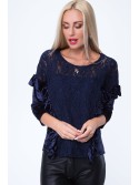 Bluse mit Spitze aus Pannesamt, Marineblau MP28514 – Online-Shop – Boutique